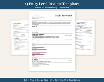 25 Entry Level Resume Templates with Cover Letters, Bundle 4, Word and Google Docs, Simple Editable CV
