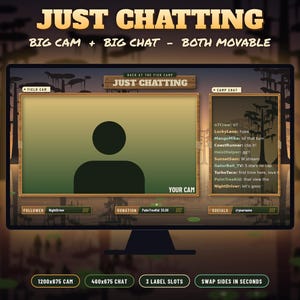 May include: A digital streaming overlay template featuring a wood-themed interface with a large camera frame labelled Field Cam, a chat box labelled Camp Chat, and text fields for follower, donation, and social media information.