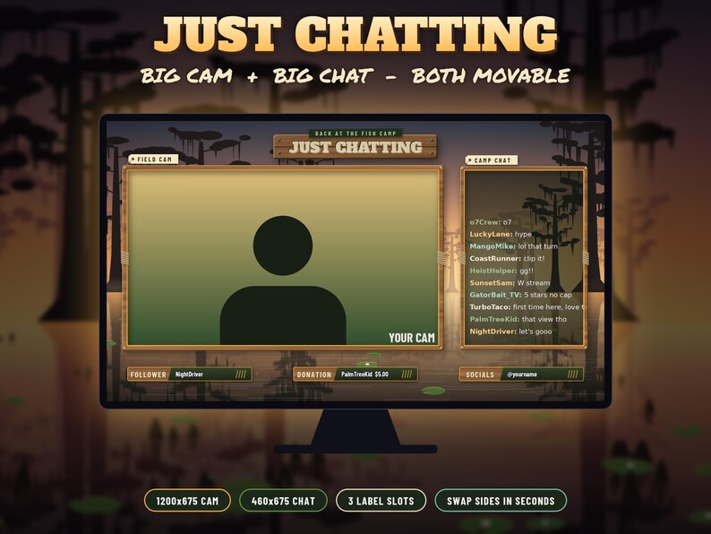 May include: A digital streaming overlay template featuring a wood-themed interface with a large camera frame labelled Field Cam, a chat box labelled Camp Chat, and text fields for follower, donation, and social media information.