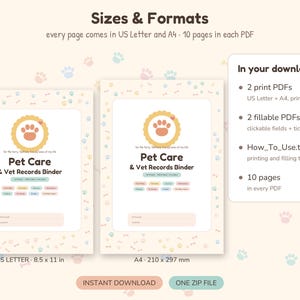 May include: A digital Pet Care & Vet Records Binder template featuring a paw print logo, colourful category labels, and a border of small paw prints. The document includes US Letter and A4 210 x 297 mm formats with 10 pages per PDF file.