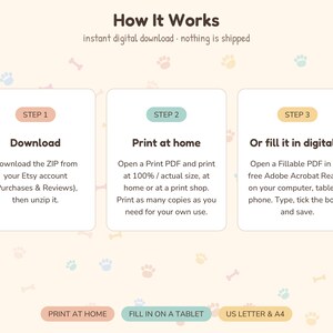 May include: An instructional graphic titled How It Works with three steps. Step 1: Download the ZIP file. Step 2: Print at home using a PDF. Step 3: Fill it in digitally using Adobe Acrobat. Bottom labels include Print at home, Fill in on a tablet, and US Letter & A4.