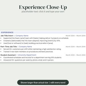 K&ouml;nnte beinhalten: Ein Lebenslauf-Vorlagenabschnitt mit dem Titel Experience Close-Up mit Platzhaltertext f&uuml;r Berufsbezeichnungen, Firmennamen, Daten und Aufgaben. Das Dokument enth&auml;lt eine Kopfzeile und eine Fu&szlig;zeile mit dem Text Shown larger than actual size.
