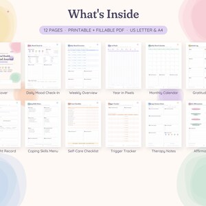 May include: A 12-page printable and fillable PDF mental health and mood journal set. Includes a cover, daily mood check-in, weekly overview, year in pixels, monthly calendar, gratitude log, thought record, coping skills menu, self-care checklist, trigger tracker, therapy notes, and affirmations pages in US letter size.