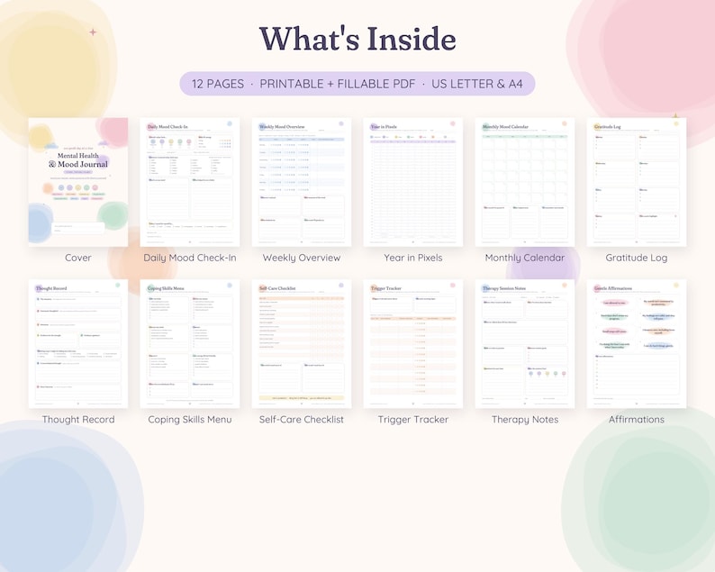 May include: A 12-page printable and fillable PDF mental health and mood journal set. Includes a cover, daily mood check-in, weekly overview, year in pixels, monthly calendar, gratitude log, thought record, coping skills menu, self-care checklist, trigger tracker, therapy notes, and affirmations pages in US letter size.