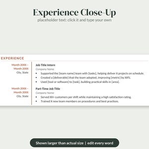 May include: A resume template section titled Experience Close-Up with placeholder text for job titles, company names, dates, and bulleted responsibilities. The layout includes a header, a main experience block with two entries, and a bottom footer.