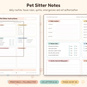 May include: A printable and fillable Pet Sitter Notes document featuring sections for daily routine, house rules, food, walks, quirks, fears, hiding spots, and emergency vet authorisation. The layout includes checkboxes and lines for written information.