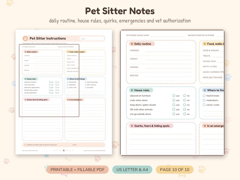 May include: A printable and fillable Pet Sitter Notes document featuring sections for daily routine, house rules, food, walks, quirks, fears, hiding spots, and emergency vet authorisation. The layout includes checkboxes and lines for written information.