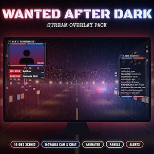 May include: A Wanted After Dark stream overlay pack displayed on a monitor, featuring a dark rainy city street background with a police car, a camera surveillance box, a radio chatter chat window, and text labels for followers and donations.