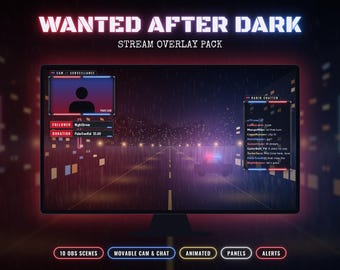 Może przedstawiać: Pakiet nakładek do streamowania Wanted After Dark wyświetlony na monitorze, z tłem ciemnej, deszczowej ulicy miasta, radiowozem, oknem podglądu kamery, oknem czatu radiowego oraz etykietami dla obserwujących i darowizn.