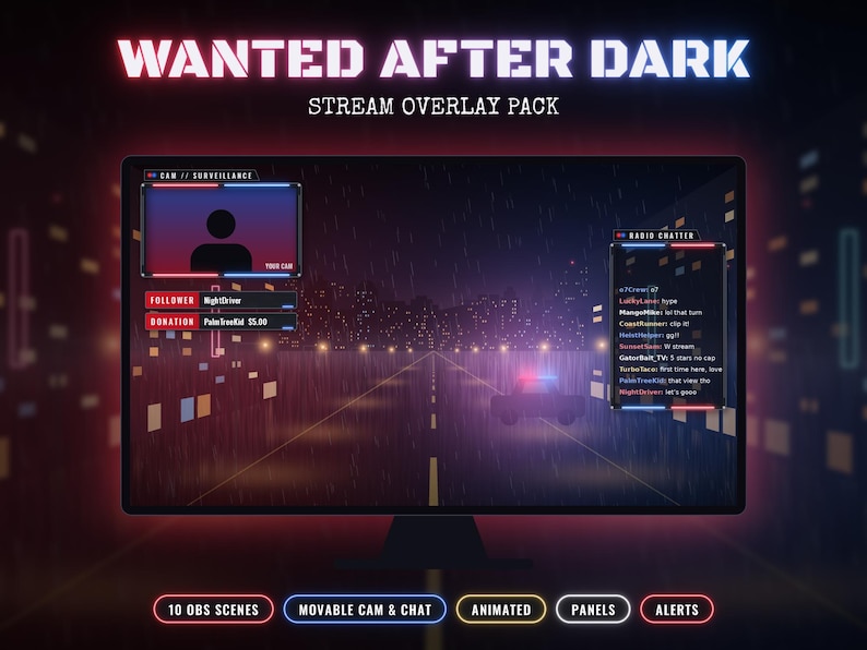 May include: A Wanted After Dark stream overlay pack displayed on a monitor, featuring a dark rainy city street background with a police car, a camera surveillance box, a radio chatter chat window, and text labels for followers and donations.