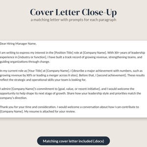 May include: A digital document template titled Cover Letter Close-Up with a matching letter including prompts for each paragraph. The text includes placeholders like Position Title, Company Name, and Your Title for professional use.
