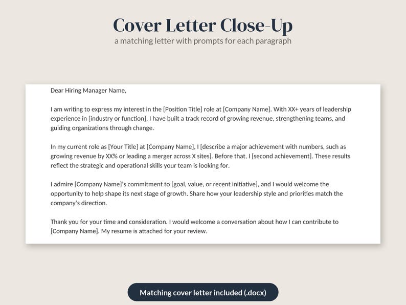 May include: A digital document template titled Cover Letter Close-Up with a matching letter including prompts for each paragraph. The text includes placeholders like Position Title, Company Name, and Your Title for professional use.