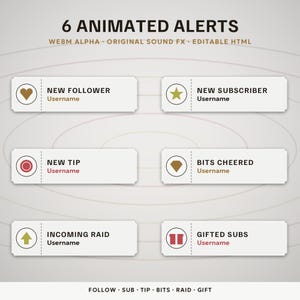 May include: Six animated alerts for streaming featuring white rectangular boxes with icons and text including New Follower, New Subscriber, New Tip, Bits Cheered, Incoming Raid, and Gifted Subs. The text Webm Alpha, Original Sound Fx, Editable Html is visible.