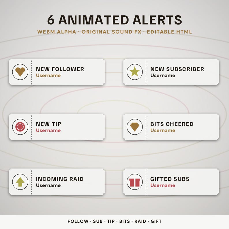 May include: Six animated alerts for streaming featuring white rectangular boxes with icons and text including New Follower, New Subscriber, New Tip, Bits Cheered, Incoming Raid, and Gifted Subs. The text Webm Alpha, Original Sound Fx, Editable Html is visible.