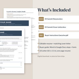 May include: An executive resume template bundle featuring a one-page resume and cover letter in US Letter 8.5 x 11 inch format. Includes files labeled 05-Summit-Resume.docx, 05-Summit-Cover-Letter.docx, and Buyer-Instructions-Executive.pdf.