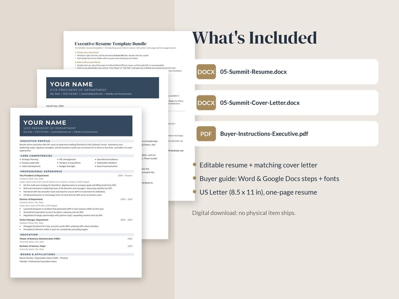 May include: An executive resume template bundle featuring a one-page resume and cover letter in US Letter 8.5 x 11 inch format. Includes files labeled 05-Summit-Resume.docx, 05-Summit-Cover-Letter.docx, and Buyer-Instructions-Executive.pdf.