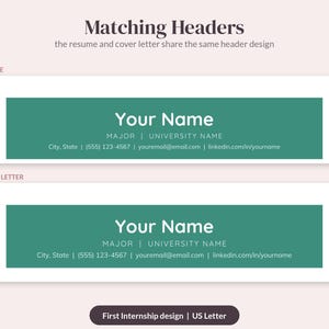 May include: A digital template featuring two matching headers for a resume and cover letter. Each header has a dark teal rectangular background with white text reading Your Name, Major, University Name, City, State, phone, email, and LinkedIn.