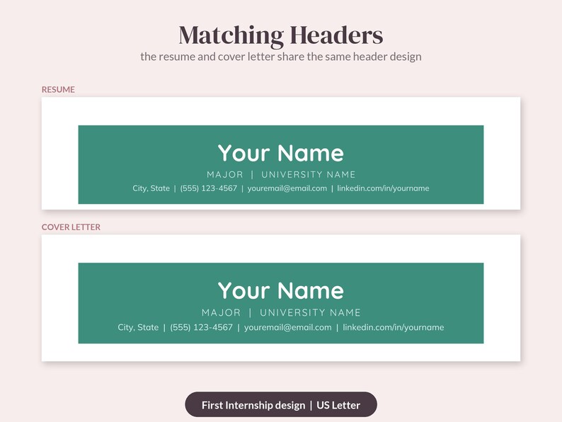May include: A digital template featuring two matching headers for a resume and cover letter. Each header has a dark teal rectangular background with white text reading Your Name, Major, University Name, City, State, phone, email, and LinkedIn.