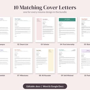 Puede incluir: Una colecci&oacute;n de 10 plantillas de cartas de presentaci&oacute;n a juego etiquetadas del 01 Campus al 10 Pastel Pop, con varios dise&ntilde;os y acentos de color. El texto incluye '10 Matching Cover Letters' y 'Editable .docx | Word & Google Docs'.