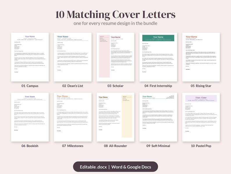 Puede incluir: Una colecci&oacute;n de 10 plantillas de cartas de presentaci&oacute;n a juego etiquetadas del 01 Campus al 10 Pastel Pop, con varios dise&ntilde;os y acentos de color. El texto incluye '10 Matching Cover Letters' y 'Editable .docx | Word & Google Docs'.