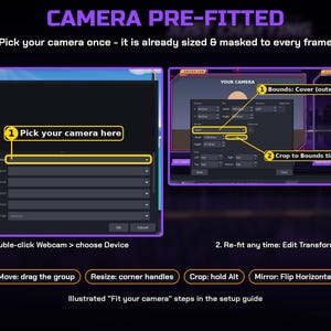 Może przedstawiać: Grafika instruktażowa zatytułowana CAMERA PRE-FITTED przedstawiająca dwa okna interfejsu oprogramowania z ż&oacute;łtymi wyr&oacute;żnionymi krokami. Tekst zawiera Pick your camera here, Bounds: Cover, Crop to Bounds ticked oraz instrukcje konfiguracji kamery internetowej.