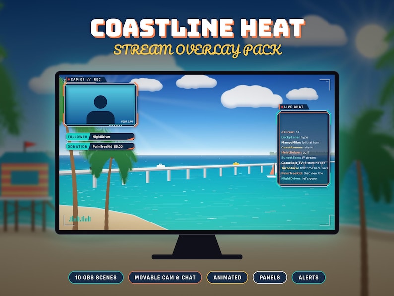 May include: A computer monitor displays a Coastline Heat stream overlay pack featuring a beach scene with a bridge, palm trees, and blue water. The interface includes a camera frame, follower and donation trackers, and a live chat box.
