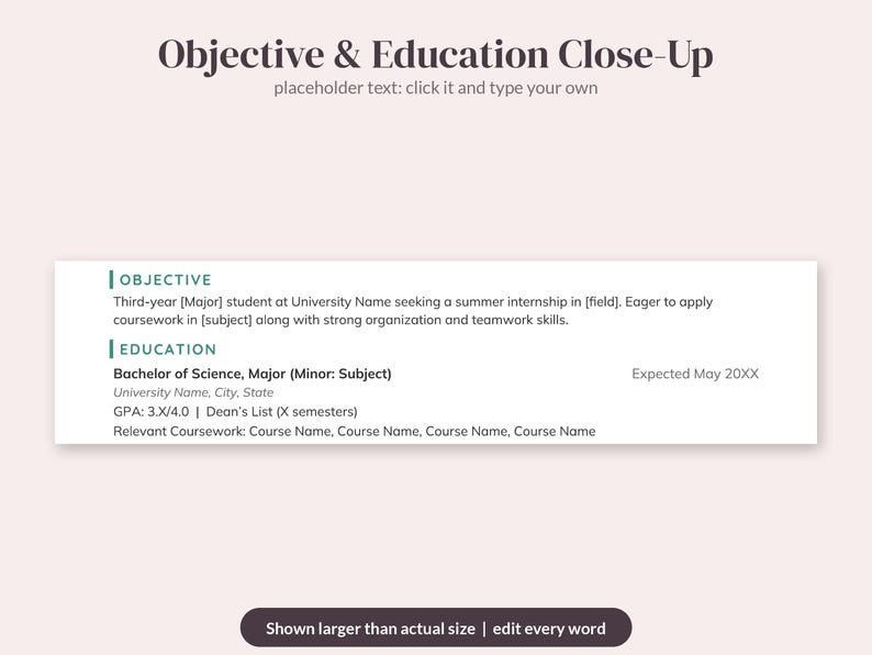 May include: A resume template section titled Objective & Education Close-Up with placeholder text. The document includes sections for Objective and Education, featuring fields for degree, university, GPA, and coursework, with a button stating Shown larger than actual size.