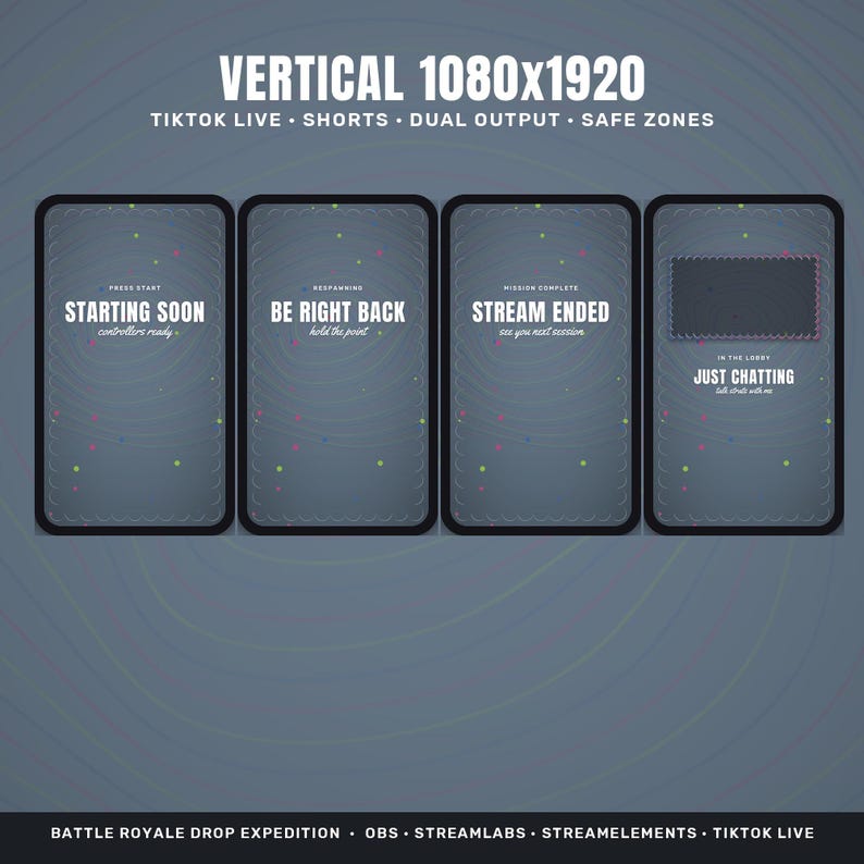 May include: Four vertical digital screens with a dark gray background and subtle circular patterns. Text includes STARTING SOON, BE RIGHT BACK, STREAM ENDED, and JUST CHATTING. The top header reads VERTICAL 1080x1920 TIKTOK LIVE SHORTS DUAL OUTPUT SAFE ZONES.