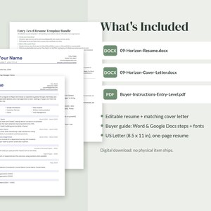 K&ouml;nnte beinhalten: Ein digitales Lebenslauf-Vorlagenpaket mit einem einseitigen Lebenslauf und Anschreiben. Enth&auml;lt die Dateien 09-Horizon-Resume.docx, 09-Horizon-Cover-Letter.docx und Buyer-Instructions-Entry-Level.pdf im Format 21,59 x 27,94 cm.