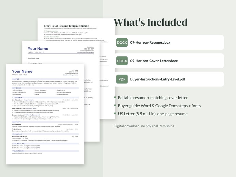K&ouml;nnte beinhalten: Ein digitales Lebenslauf-Vorlagenpaket mit einem einseitigen Lebenslauf und Anschreiben. Enth&auml;lt die Dateien 09-Horizon-Resume.docx, 09-Horizon-Cover-Letter.docx und Buyer-Instructions-Entry-Level.pdf im Format 21,59 x 27,94 cm.