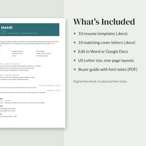 May include: A digital resume template set featuring a teal header, black text, and sections for profile, skills, experience, projects, education, and certifications. The text lists 10 resume templates, 10 cover letters, and a buyer guide.