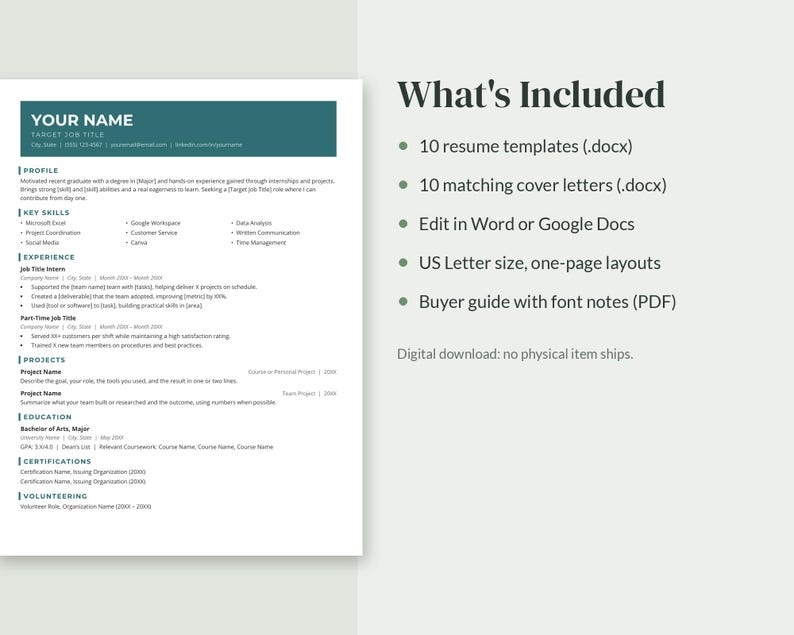 May include: A digital resume template set featuring a teal header, black text, and sections for profile, skills, experience, projects, education, and certifications. The text lists 10 resume templates, 10 cover letters, and a buyer guide.