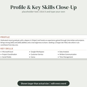 May include: A resume template section titled Profile & Key Skills Close-Up with placeholder text. It includes a Profile paragraph and a bulleted list of skills such as Microsoft Excel, Google Workspace, Data Analysis, and Project Coordination.