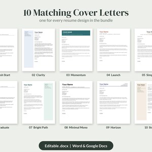 May include: A digital collection of 10 matching cover letter templates labeled 01 Fresh Start through 10 Steady, featuring various layouts and text placeholders. The image includes the text 10 Matching Cover Letters and Editable .docx | Word & Google Docs.