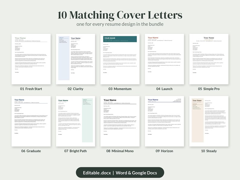 May include: A digital collection of 10 matching cover letter templates labeled 01 Fresh Start through 10 Steady, featuring various layouts and text placeholders. The image includes the text 10 Matching Cover Letters and Editable .docx | Word & Google Docs.