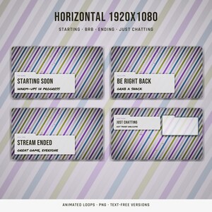 May include: A digital overlay set featuring four rectangular panels with diagonal stripes in purple, green, and gray. The panels display text including STARTING SOON, BE RIGHT BACK, STREAM ENDED, and JUST CHATTING with sub-text descriptions.