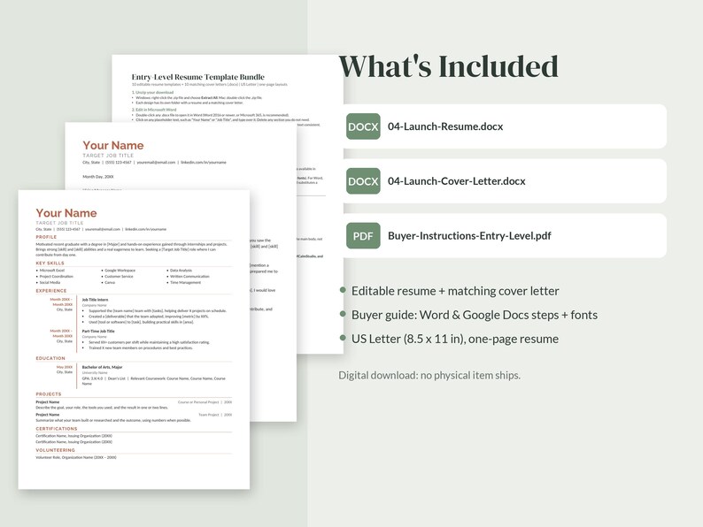 May include: A digital resume template bundle featuring a one-page resume and cover letter in US Letter 8.5 x 11 inch format. Includes files labeled 04-Launch-Resume.docx, 04-Launch-Cover-Letter.docx, and a Buyer-Instructions-Entry-Level.pdf guide.