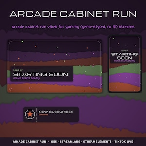 May include: Digital overlay set titled ARCADE CABINET RUN featuring a landscape and portrait screen with the text SQUAD UP STARTING SOON match starts shortly and a NEW SUBSCRIBER box with a star icon, all in purple, green, and orange tones.