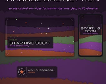 Może przedstawiać: Cyfrowy zestaw nakładek zatytułowany ARCADE CABINET RUN zawierający ekran poziomy i pionowy z tekstem SQUAD UP STARTING SOON match starts shortly oraz pole NEW SUBSCRIBER z ikoną gwiazdy, wszystko w odcieniach fioletu, zieleni i pomarańczu.