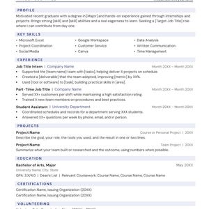 May include: A professional resume template featuring sections for profile, key skills, experience, projects, education, certifications, and volunteering. The document includes placeholders like Your Name, Target Job Title, and contact details.