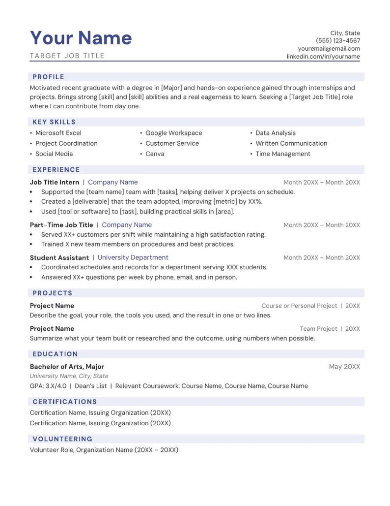May include: A professional resume template featuring sections for profile, key skills, experience, projects, education, certifications, and volunteering. The document includes placeholders like Your Name, Target Job Title, and contact details.