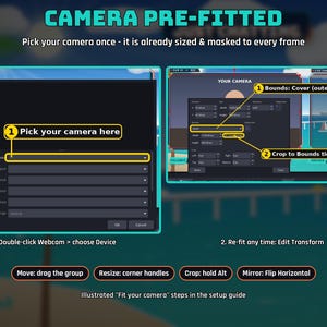 May include: A digital instructional graphic titled CAMERA PRE-FITTED showing two software interface windows with yellow highlighted steps for camera setup. It includes text labels for device selection, bounds, cropping, and transformation controls for streaming software.