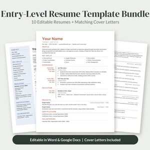 May include: An entry-level resume template bundle featuring 10 editable resumes and matching cover letters. The documents include sections for contact information, profile, key skills, experience, education, projects, certifications, and volunteering.