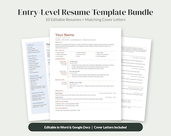 May include: An entry-level resume template bundle featuring 10 editable resumes and matching cover letters. The documents include sections for contact information, profile, key skills, experience, education, projects, certifications, and volunteering.
