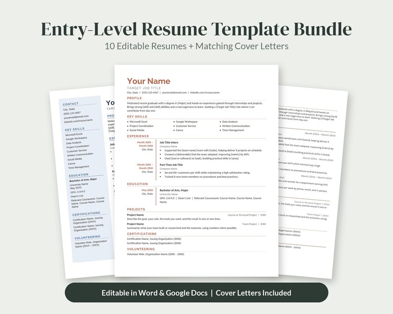 May include: An entry-level resume template bundle featuring 10 editable resumes and matching cover letters. The documents include sections for contact information, profile, key skills, experience, education, projects, certifications, and volunteering.