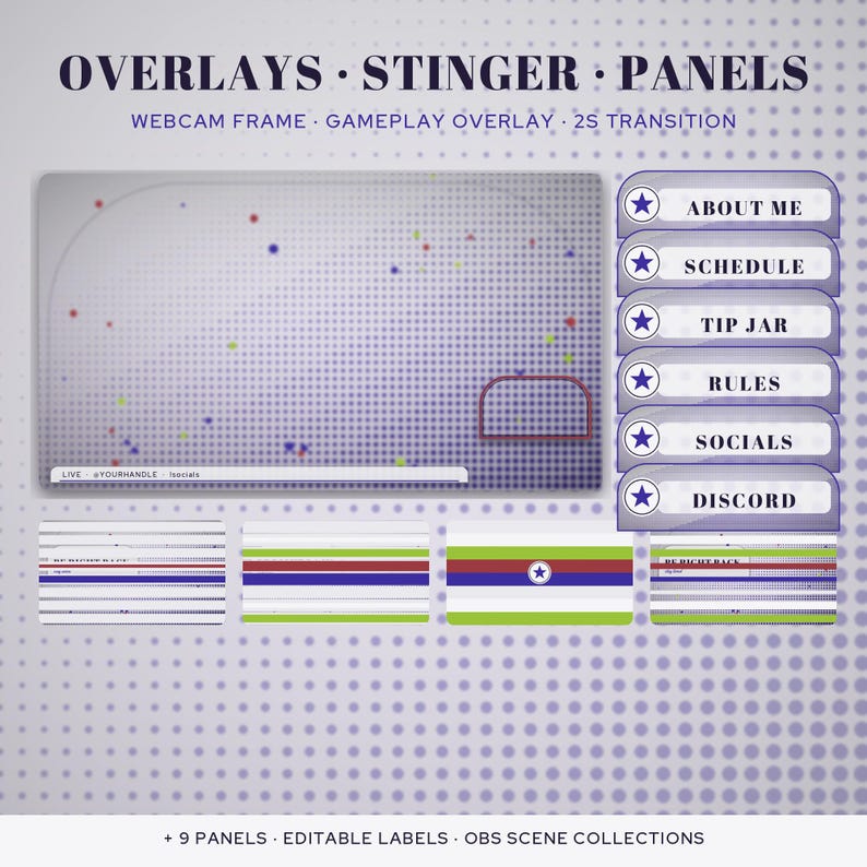 May include: A digital streaming overlay set featuring a webcam frame, gameplay overlay, and stinger transition. Includes six vertical panels labeled About Me, Schedule, Tip Jar, Rules, Socials, and Discord, plus four horizontal scene graphics.