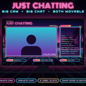 May include: A digital streaming overlay featuring a neon-themed Just Chatting layout with a large camera frame, a live chat box, and three label slots for follower, donation, and social media information, all set against a dark background.