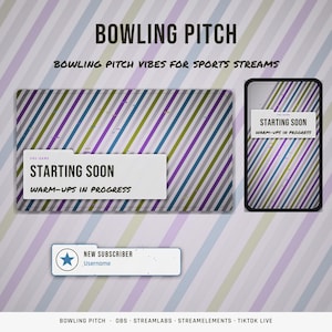 May include: A digital overlay set featuring a diagonal striped pattern in purple, blue, green, and gray. Text elements include BOWLING PITCH, STARTING SOON WARM-UPS IN PROGRESS, and NEW SUBSCRIBER with a star icon and placeholder for a username.