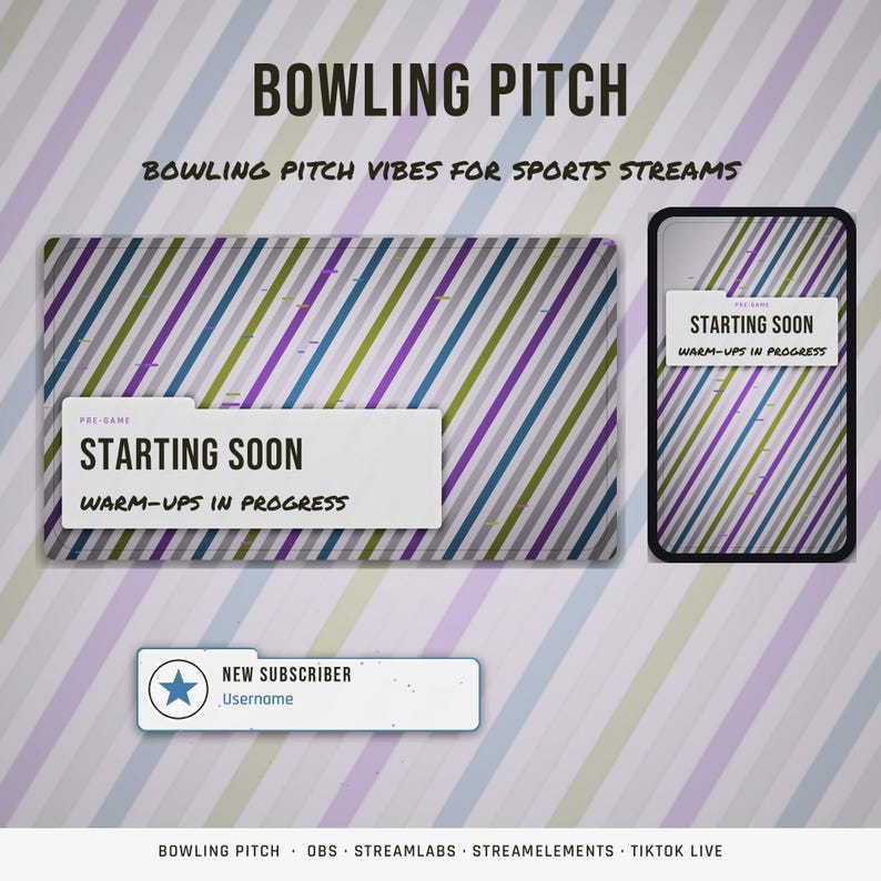 May include: A digital overlay set featuring a diagonal striped pattern in purple, blue, green, and gray. Text elements include BOWLING PITCH, STARTING SOON WARM-UPS IN PROGRESS, and NEW SUBSCRIBER with a star icon and placeholder for a username.
