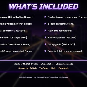 Może przedstawiać: Cyfrowy pakiet zasob&oacute;w do streamingu zatytułowany WHAT'S INCLUDED, zawierający kolekcje 10 scen OBS, ramki kamery internetowej, pola alert&oacute;w i panele Twitch. Określa kompatybilność z OBS Studio, Streamlabs, StreamElements, Twitch, YouTube, Kick i Facebook.